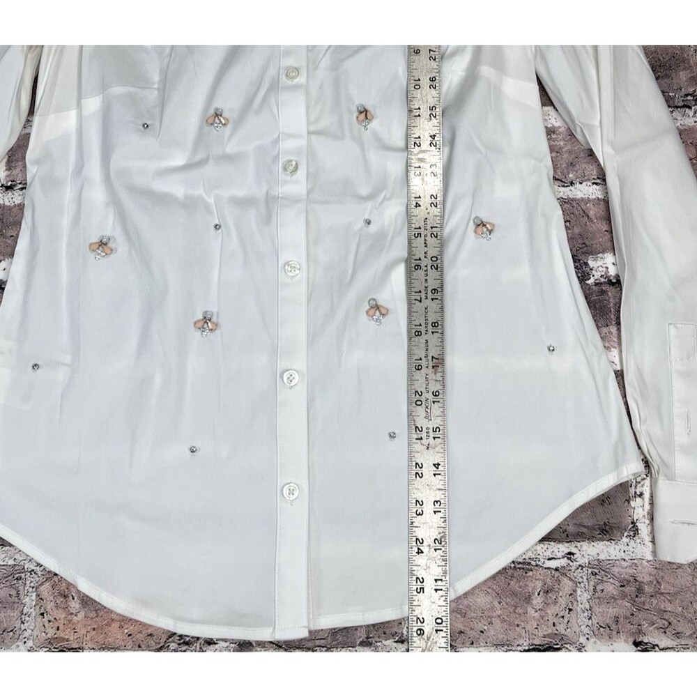 Ann Taylor Blouse 6 White Long Sleeve Gem Jeweled Neck Career Wear Professional - Picture 3 of 9
